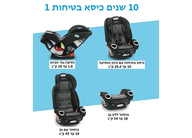 כיסא בטיחות משולב בוסטר 4 אבר 4Ever DLX Platinum עם פטנט קשירה EZ Tight - אפור Flynn גרקו