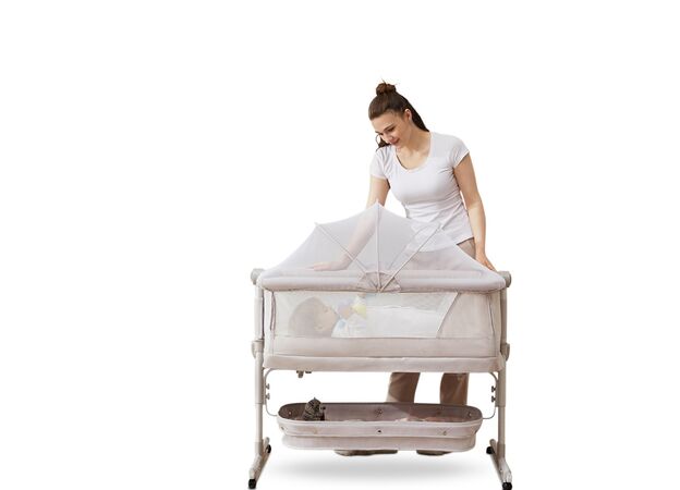 עריסת תינוק מתקפלת שהופכת ללול משי פלוס עם מצבי גובה, דופן נפתחת ומזרון נושם - שנהב (בז) Queenix